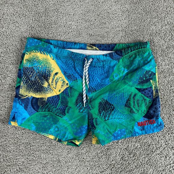 VINTAGE Nautica Swim Trunks Mens M Green Blue Lined Bathing Suit Surfing READ - Picture 1 of 12